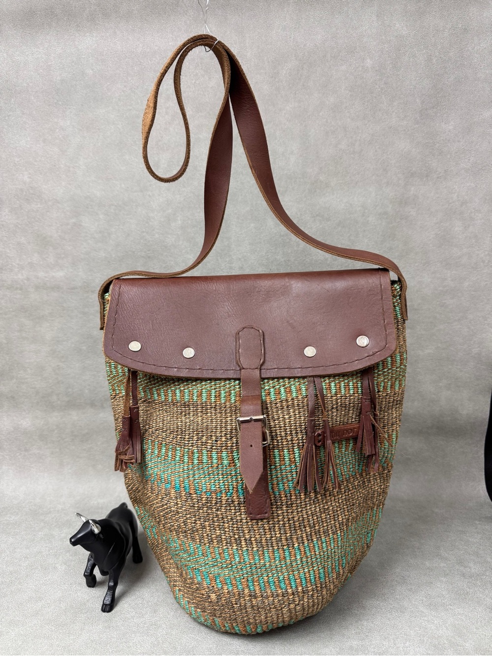 Brown Leather-Trim Woven Shoulder Bag with Green Accents